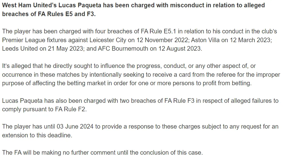 The FA’s statement on Paqueta being charged in May 2024