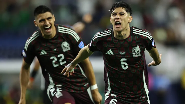 Gerardo Arteaga of Mexico celebrates after scoring the team's first goal during the CONMEBOL Copa America 2024 Group B match between Mexico and Jamaica at NRG Stadium on June 22, 2024 in Houston, Texas.
