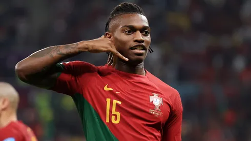 Rafael Leao of Portugal celebrates after scoring the team's sixth goal during the FIFA World Cup Qatar 2022 Round of 16 match between Portugal and Switzerland
