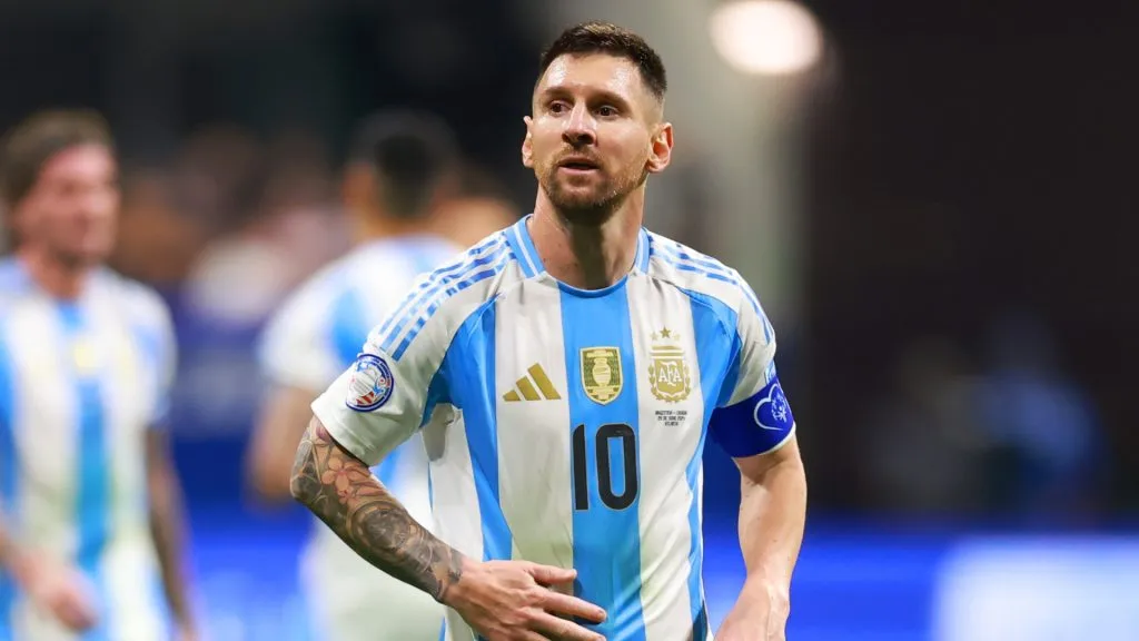 Lionel Messi of Argentina gestures during the CONMEBOL Copa America group A match between Argentina and Canada at Mercedes-Benz Stadium on June 20, 2024 in Atlanta, Georgia.