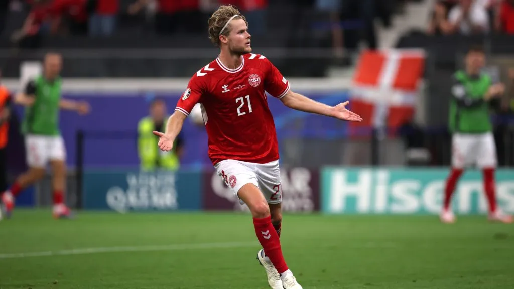 Morten Hjulmand of Denmark celebrates scoring his team’s first and only goal against England. Alex Grimm/Getty Images