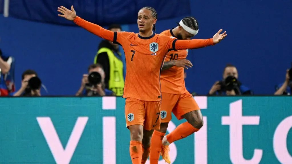 Xavi Simons of the Netherlands reacts as the goal he scored is under VAR review and later ruled out for offside during the UEFA EURO 2024 group stage match between Netherlands and France. Clive Mason/Getty Images