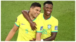 Casemiro of Brazil celebrates after scoring their team's first goal with their teammate Vinicius Junior during the FIFA World Cup Qatar 2022