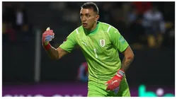 Fernando Muslera of Uruguay gestures during a match between Uruguay and Argentina