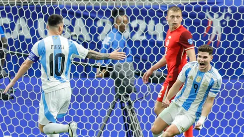 Julian Alvarez of Argentina celebrates after scoring the team's first goal during the CONMEBOL Copa America group A match between Argentina and Canada at Mercedes-Benz Stadium on June 20, 2024 in Atlanta, Georgia.