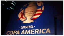 The Copa America logo is reflected prior to the official draw of CONMEBOL Copa America 2024 at James L. Knight Center