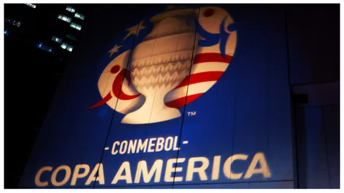 The Copa America logo is reflected prior to the official draw of CONMEBOL Copa America 2024 at James L. Knight Center
