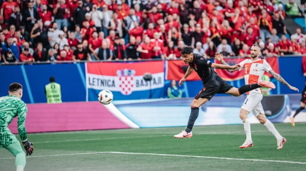 Qazim Laci 14, Albania heads the ball into the net for 1 0 Hamburg Volksparkstadion Hamburg Germany
