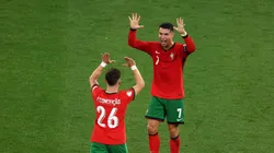 Cristiano Ronaldo of Portugal celebrates victory with teammate Francisco Conceicao after the UEFA EURO 2024 group stage match between Portugal and Czechia at Football Stadium Leipzig on June 18, 2024 in Leipzig, Germany.