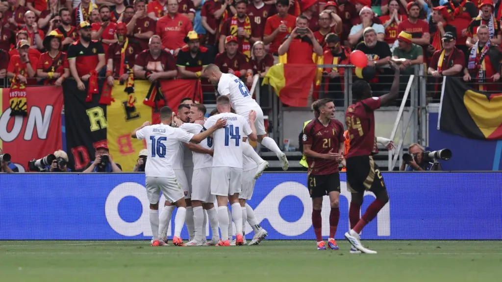 Ivan Schranz of Slovakia (obscured) celebrates scoring his team's first goal with teammates during the UEFA EURO 2024 group stage match between Belgium and Slovakia at Frankfurt Arena on June 17, 2024 in Frankfurt am Main, Germany.