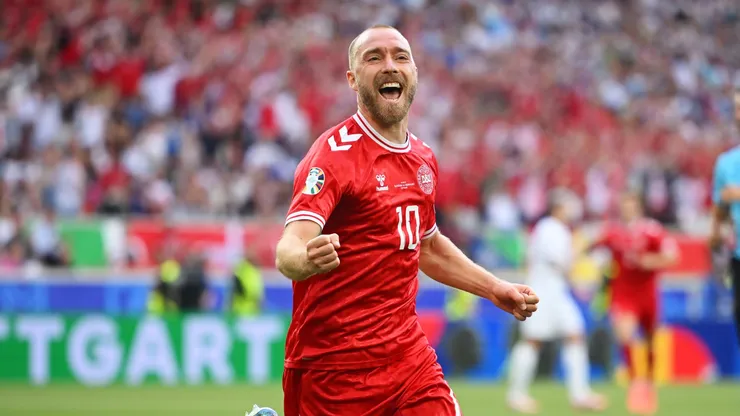 Christian Eriksen of Denmark celebrates scoring his team's first goal during the UEFA EURO 2024 group stage match between Slovenia and Denmark at Stuttgart Arena on June 16, 2024 in Stuttgart, Germany.
