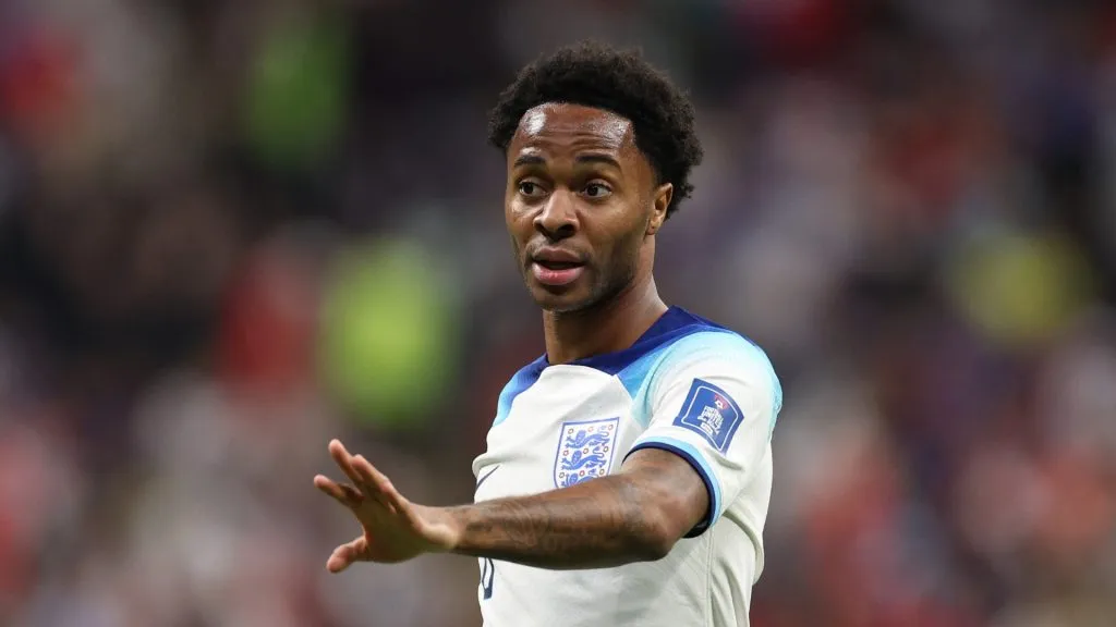 Raheem Sterling of England in action during the FIFA World Cup Qatar 2022 quarter final match between England and France at Al Bayt Stadium on December 10, 2022 in Al Khor, Qatar.