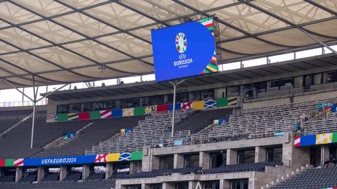 A general view of the stadium and media tribune ahead of the UEFA EURO 2024 Germany at Olympiastadion on June 07, 2024 in Berlin, Germany. Germany is hosting the Euro 2024, which will begin on June 14.
