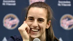 Caitlin Clark #22 of the Indiana Fever talks to the media before the game against the Washington Mystics at Capital One Arena on June 07, 2024 in Washington, DC.