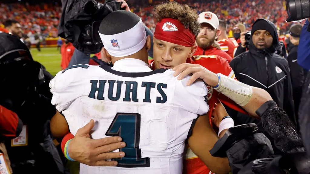 Hurts hugs Mahomes after a game