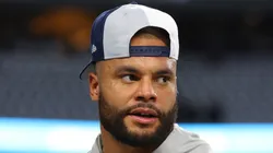 Dak Prescott #4 of the Dallas Cowboys looks on prior to a game against the Los Angeles Rams at AT&T Stadium on October 29, 2023 in Arlington, Texas.