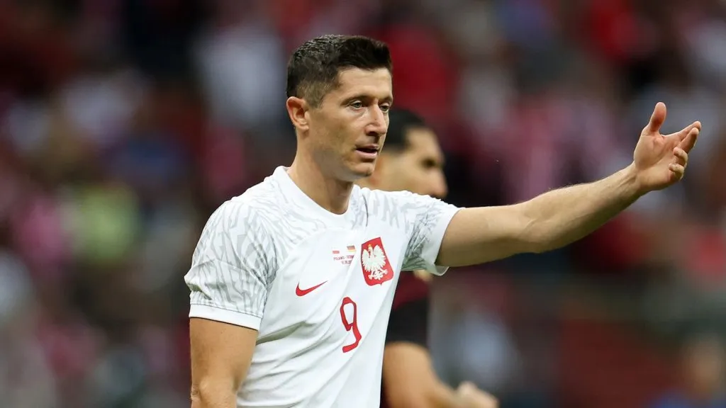 Robert Lewandowski of Poland reacts during the international friendly match between Poland and Germany at Stadion Narodowy on June 16, 2023 in Warsaw, Poland.