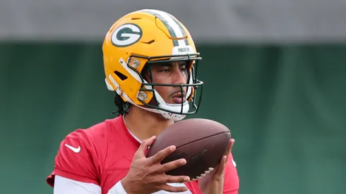 Jordan Love #10 of the Green Bay Packers participates in drills during the Green Bay Packers Minicamp at Ray Nitschke Field on June 04, 2024 in Green Bay, Wisconsin.