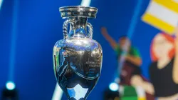 The UEFA European Championship trophy on the stage before the UEFA Euro 2024 qualifying group stage draw at Messe Frankfurt on October 09, 2022 in Frankfurt am Main, Germany.