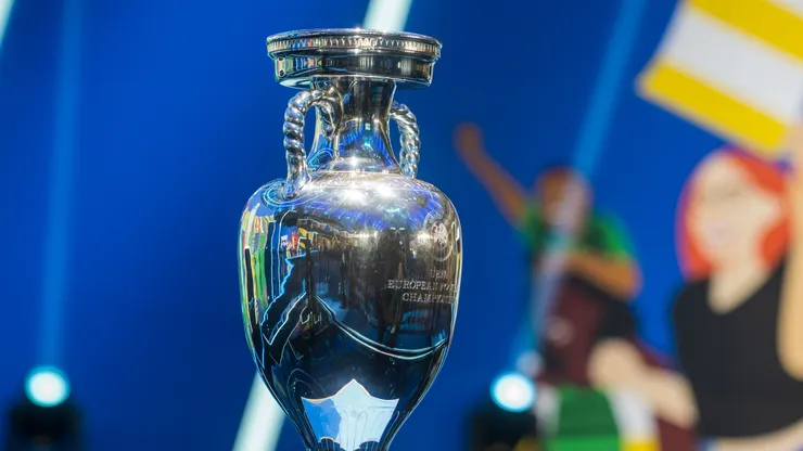 The UEFA European Championship trophy on the stage before the UEFA Euro 2024 qualifying group stage draw at Messe Frankfurt on October 09, 2022 in Frankfurt am Main, Germany.