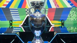 The UEFA European Championship trophy on the stage before the UEFA Euro 2024 qualifying group stage draw at Messe Frankfurt on October 09, 2022 in Frankfurt am Main, Germany.