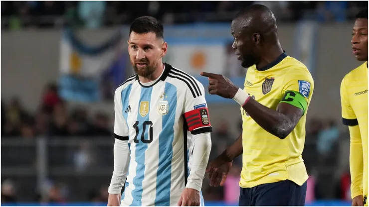 Lionel Messi of Argentina and Enner Valencia of Ecuador