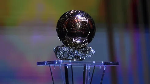 The Ballon d'Or Trophy presented during the The Ballon d'Or ceremony at Theatre du Chatelet on November 29, 2021 in Paris, France.