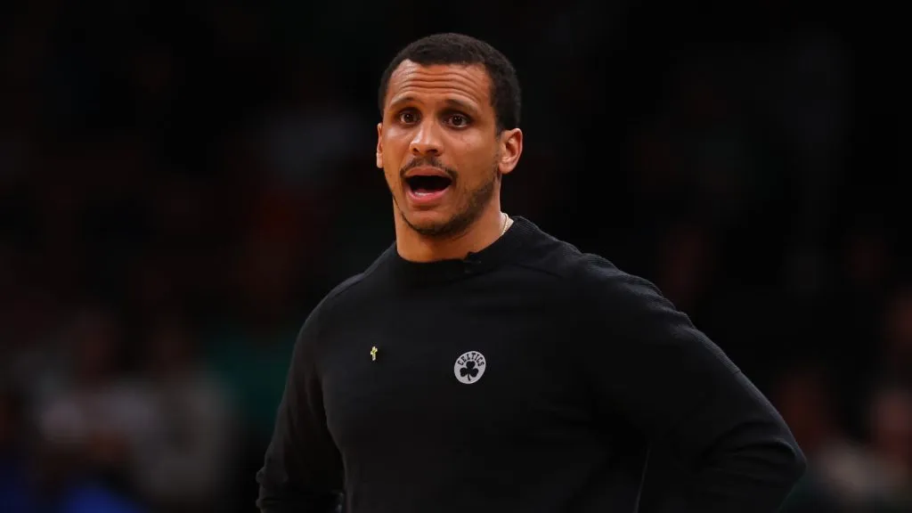 Head coach Joe Mazzulla of the Boston Celtics looks on during the second quarter against the Cleveland Cavaliers in Game Two of the Eastern Conference Second Round Playoffs at TD Garden on May 09, 2024 in Boston, Massachusetts.