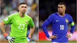 Emiliano Martinez (left) and Kylian Mbappe.