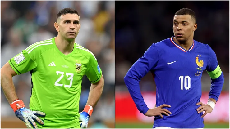 Emiliano Martinez (left) and Kylian Mbappe.