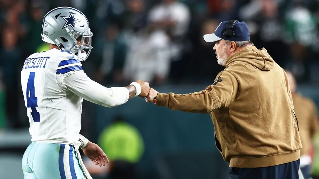 Dak Prescott #4 and head coach Mike McCarthy of the Dallas Cowboys fist bump during the fourth quarter against the Philadelphia Eagles at Lincoln Financial Field on November 05, 2023 in Philadelphia, Pennsylvania.