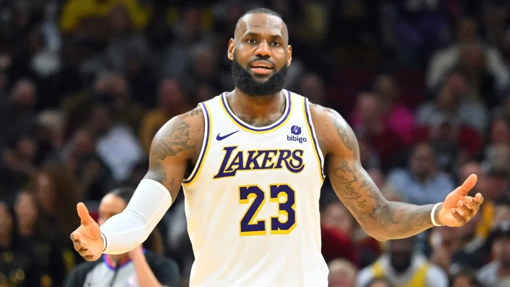 LeBron James #23 of the Los Angeles Lakers reacts during the fourth quarter against the Cleveland Cavaliers at Rocket Mortgage Fieldhouse on November 25, 2023 in Cleveland, Ohio. The Lakers defeated the Cavaliers 121-115.