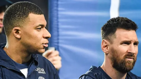 Kylian MBAPPE of PSG and Lionel (Leo) MESSI of PSG during the Ligue 1 match between Paris Saint-Germain (PSG) and Olympique Lyonnais (OL) at Parc des Princes Stadium on April 02, 2023 in Paris, France.