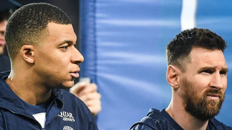 Kylian MBAPPE of PSG and Lionel (Leo) MESSI of PSG during the Ligue 1 match between Paris Saint-Germain (PSG) and Olympique Lyonnais (OL) at Parc des Princes Stadium on April 02, 2023 in Paris, France.