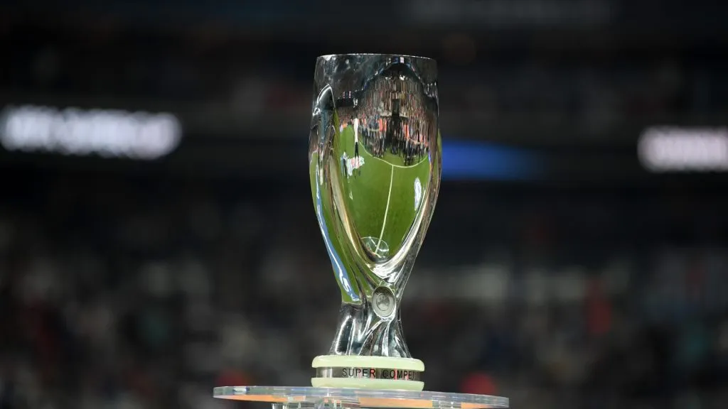 The UEFA Super Cup trophy is seen prior to the UEFA Super Cup match between Liverpool and Chelsea at Vodafone Park on August 14, 2019 in Istanbul, Turkey.