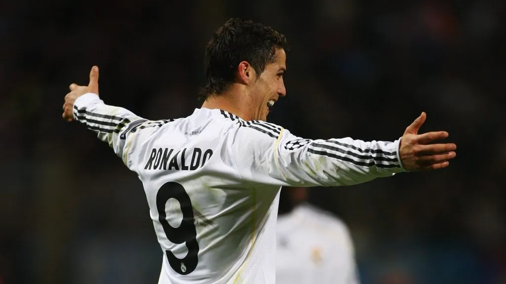 Cristiano Ronaldo of Real celebrates his second and Real Madrid's third goal during the Marseille and Real Madrid UEFA Champions League Group C match at the Stade Velodrome on December 8, 2009 in Marseille, France.