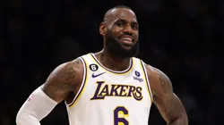 LeBron James #6 of the Los Angeles Lakers laughs on the court during the first half against the Utah Jazz at Crypto.com Arena on April 09, 2023 in Los Angeles, California.