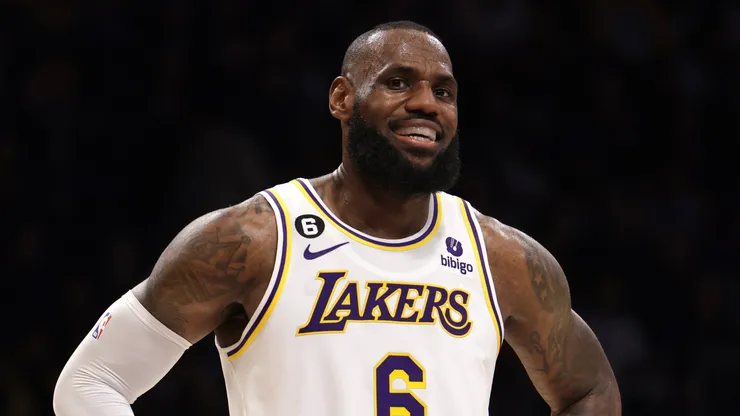 LeBron James #6 of the Los Angeles Lakers laughs on the court during the first half against the Utah Jazz at Crypto.com Arena on April 09, 2023 in Los Angeles, California.