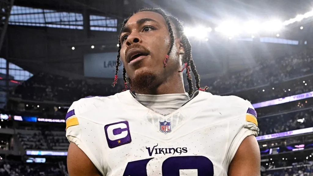 Justin Jefferson #18 of the Minnesota Vikings reacts after the team's 30-24 loss against the Detroit Lions at U.S. Bank Stadium on December 24, 2023 in Minneapolis, Minnesota.