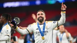 Daniel Carvajal of Real Madrid celebrates victory with his PlayStation Player of the Match award after Real Madrid defeat Borussia Dortmund during the UEFA Champions League 2023/24 Final match between Borussia Dortmund and Real Madrid CF at Wembley Stadium on June 01, 2024 in London, England.