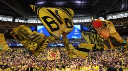 Borussia Dortmund fans show their support in the stands prior to the UEFA Champions League 2023/24 Final match between Borussia Dortmund and Real Madrid CF at Wembley Stadium on June 01, 2024 in London, England.