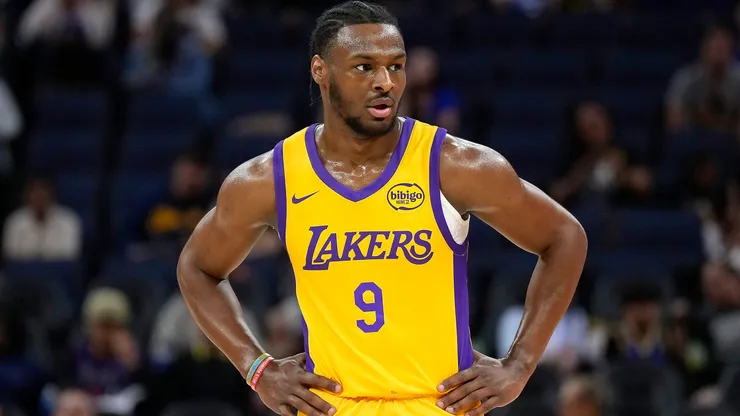 Bronny James Jr. #9 of the Los Angeles Lakers looks on against the Sacramento Kings during the first half of the 2024 California Classic summer league game at Chase Center on July 06, 2024 in San Francisco, California.