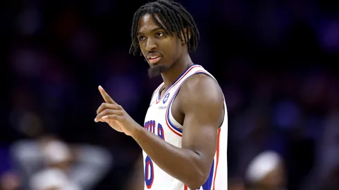 Tyrese Maxey #0 of the Philadelphia 76ers reacts during the fourth quarter against the Indiana Pacers at the Wells Fargo Center on November 12, 2023 in Philadelphia, Pennsylvania.