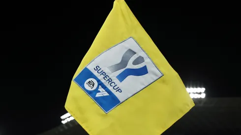 A detailed view of the corner flag prior to the Italian EA Sports FC Supercup Semifinal match between FC Internazionale and SS Lazioat Al-Awwal Stadium on January 19, 2024 in Riyadh, Saudi Arabia.