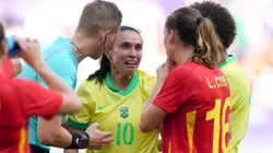 Marta #10 of Team Brazil reacts after being sent off during the Women's group C match between Brazil and Spain during the Olympic Games Paris 2024 at Nouveau Stade de Bordeaux on July 31, 2024 in Bordeaux, France.