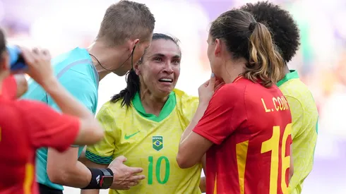 Marta #10 of Team Brazil reacts after being sent off during the Women's group C match between Brazil and Spain during the Olympic Games Paris 2024 at Nouveau Stade de Bordeaux on July 31, 2024 in Bordeaux, France.