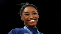 Gold medalist Simone Biles of Team United States reacts on the podium during the medal ceremony of the Olympic Games Paris 2024.