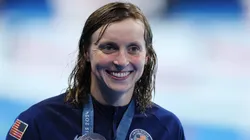 Katie Ledecky of Team United States poses with her medal following the Medal Ceremony after the Women's 400m Freestyle Final on day one of the Olympic Games Paris 2024.