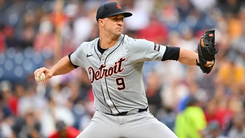 Starter Jack Flaherty #9 of the Detroit Tigers pitches in the first inning against the Cleveland Guardians at Progressive Field on July 24, 2024 in Cleveland, Ohio. (Photo by Jason Miller/Getty Images)