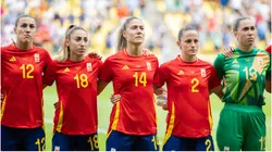 Players of Spain are seen during the national anthem